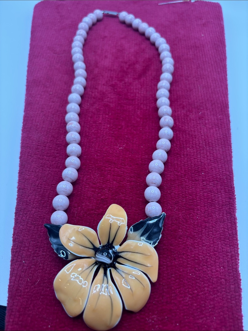 Pink Shell Bead Enamel Flower Statement Necklace Oversized Floral